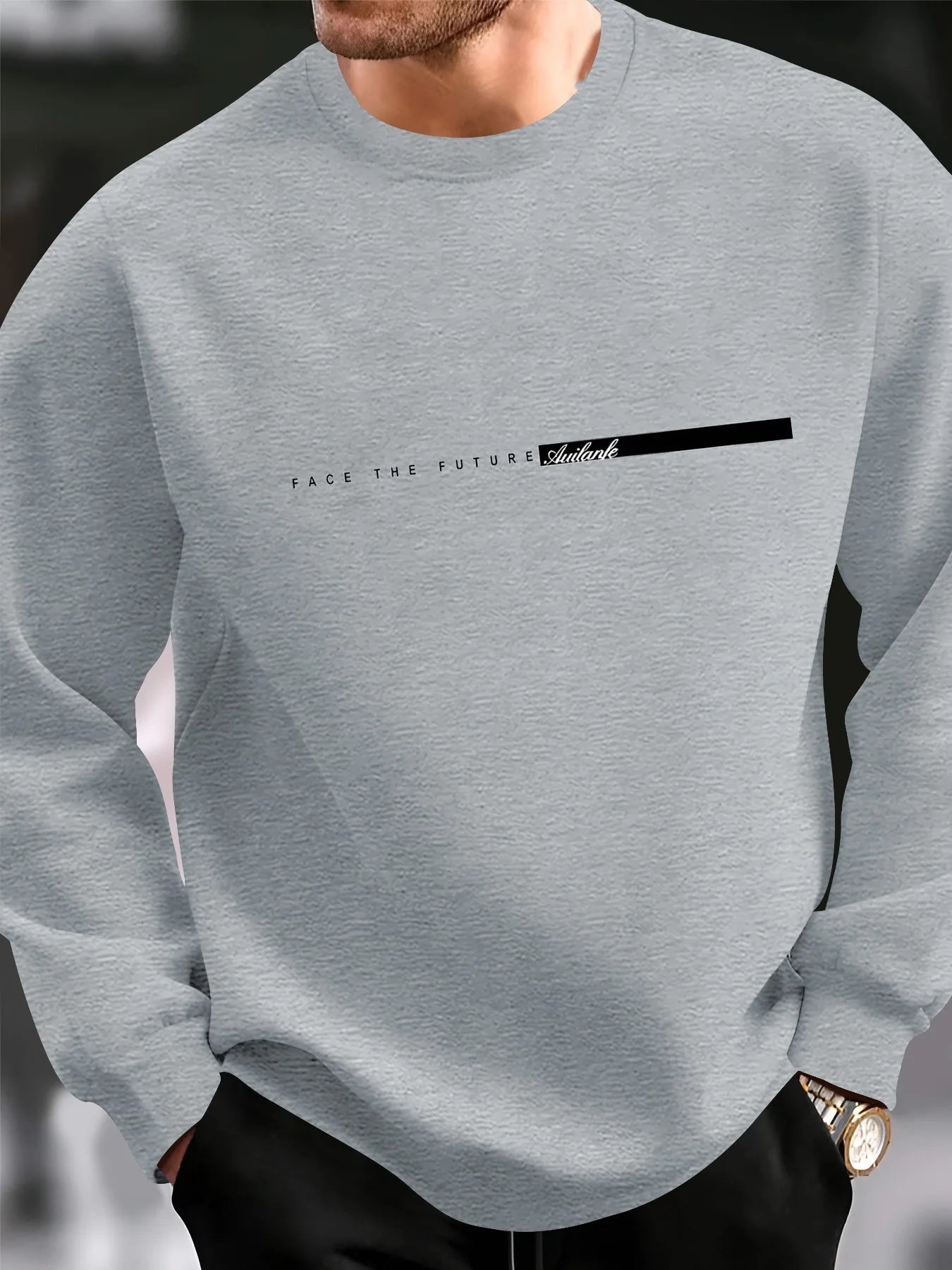 Men's autumn and winter fashionable casual loose FACE THE FUTURE graphic printed long sleeved round neck sweatshirt