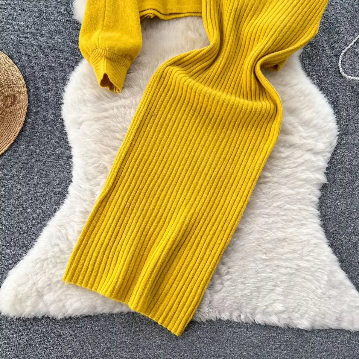 Autumn Winter Slimming Knitted Sweater Dress Set Women's Mid-Length Base Layer Knee-Over Bottoming Dresses Fashionable
