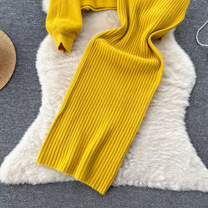 Autumn Winter Slimming Knitted Sweater Dress Set Women's Mid-Length Base Layer Knee-Over Bottoming Dresses Fashionable