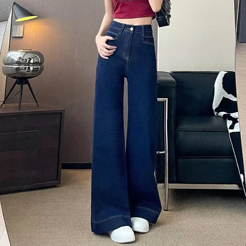 Girls Fashion Korean Straight Casual Jeans Female Baggy High Waist Wide Leg Denim Pants Women Classic Wash Dark-blue Trousers