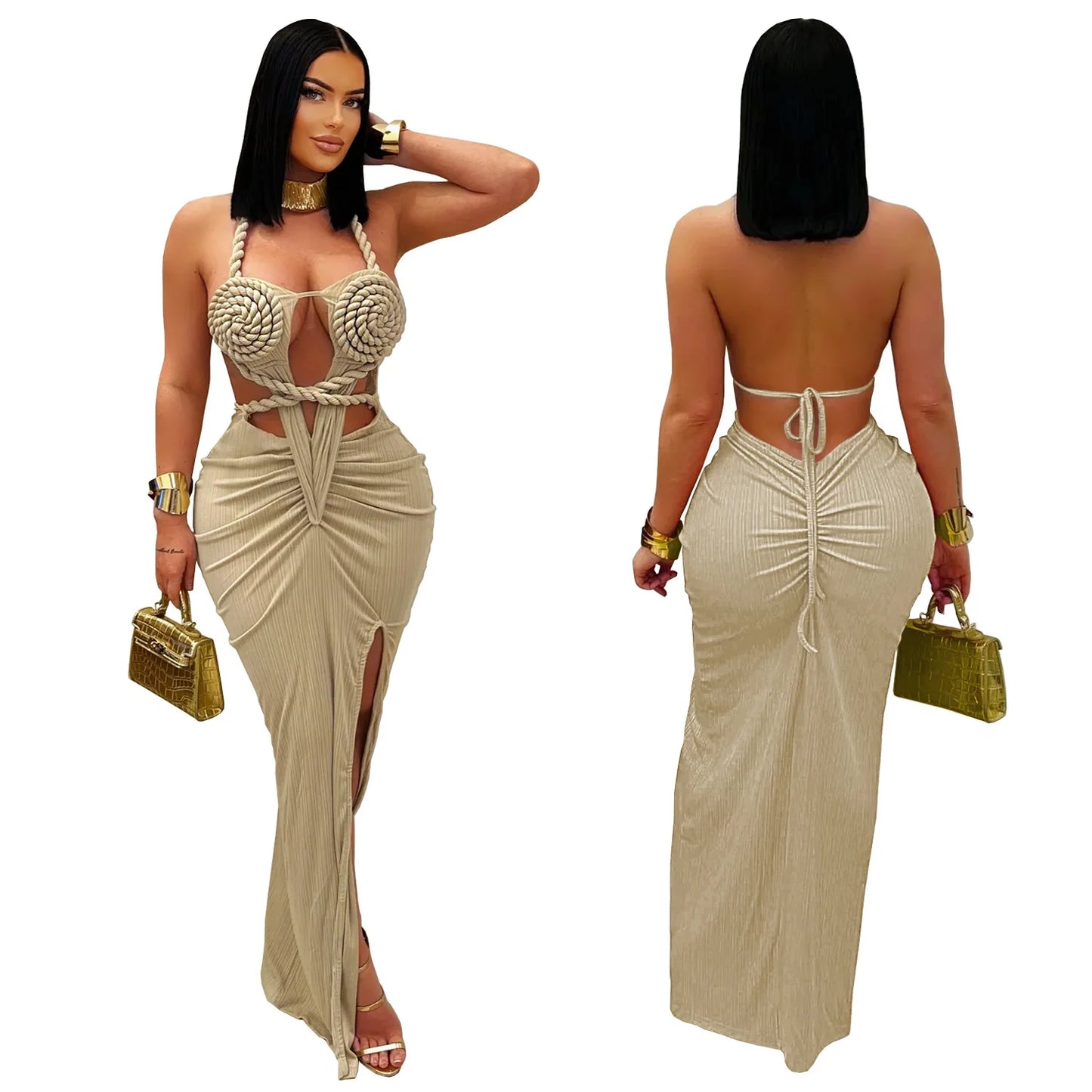 Women's Hollow Out Sleeveless Sexy Knitted Halter Neck Backless Solid Color Dress for Summer 2025