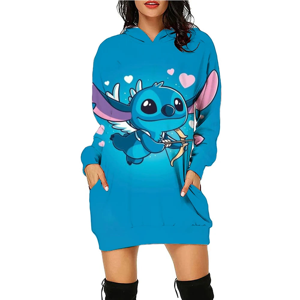 Y2k Stitch Dresses for Women 2024 Disney Woman Clothes Mini Dress With Hood Hoodie Kawaii Fashion Luxury Party Sweater Dress 3XL