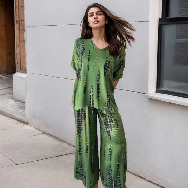 Vintage Women's Two Piece Set Outfits Fashion New Solid Print Loose Casual Round Neck Short Sleeve Top Wide Leg Long Pants Suit