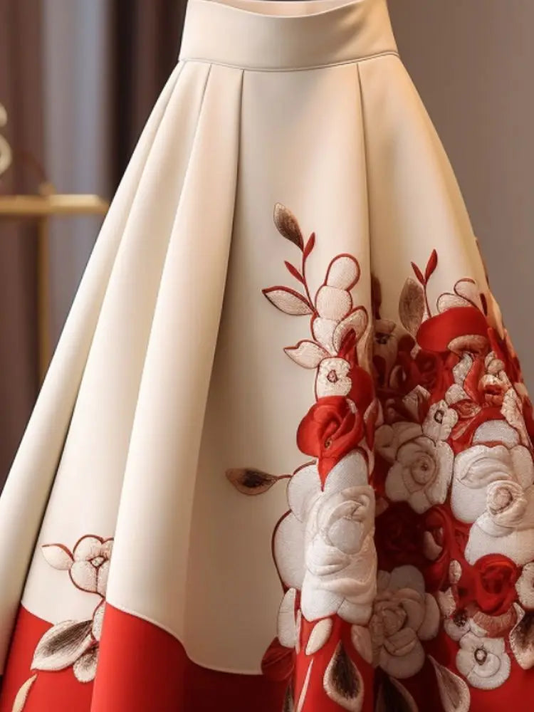 Vintage Red Flower Print Skirt for Women Y2k Slim Waist Mid-length Loose Faldas Mujer 2026 Spring New Skirt for Women