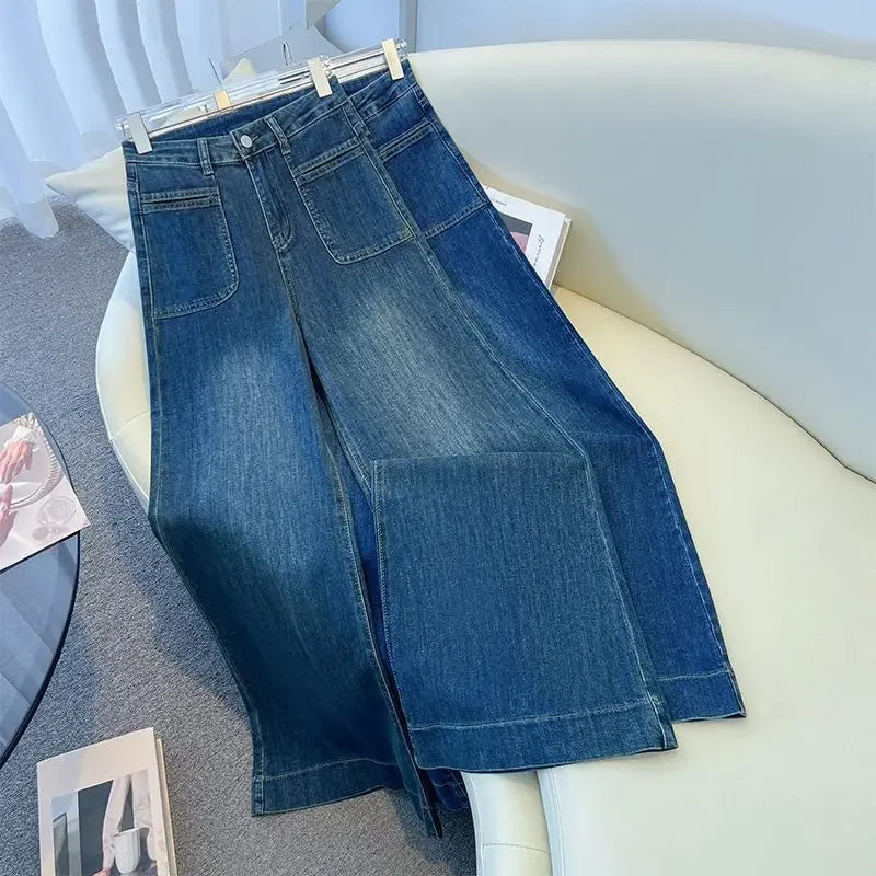 Retro High Waist Bell Bottom Jeans Women's Spring 2025 New Loose Wide Leg Denim Pants Slimming Effect Vintage Style