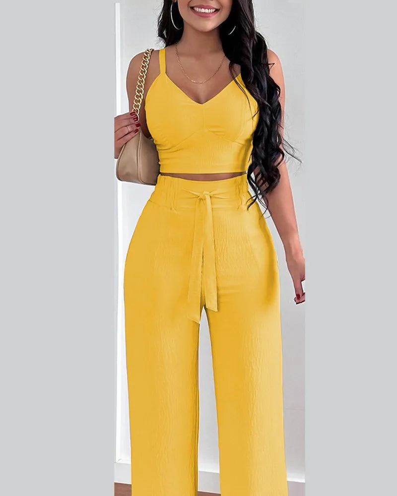 2 Piece Outfits For Women 2025 Sexy V-Neck Strap Shirred Slim Crop Top & Lace-up Wide Leg Pants Sets Elegant Office Lady Suit
