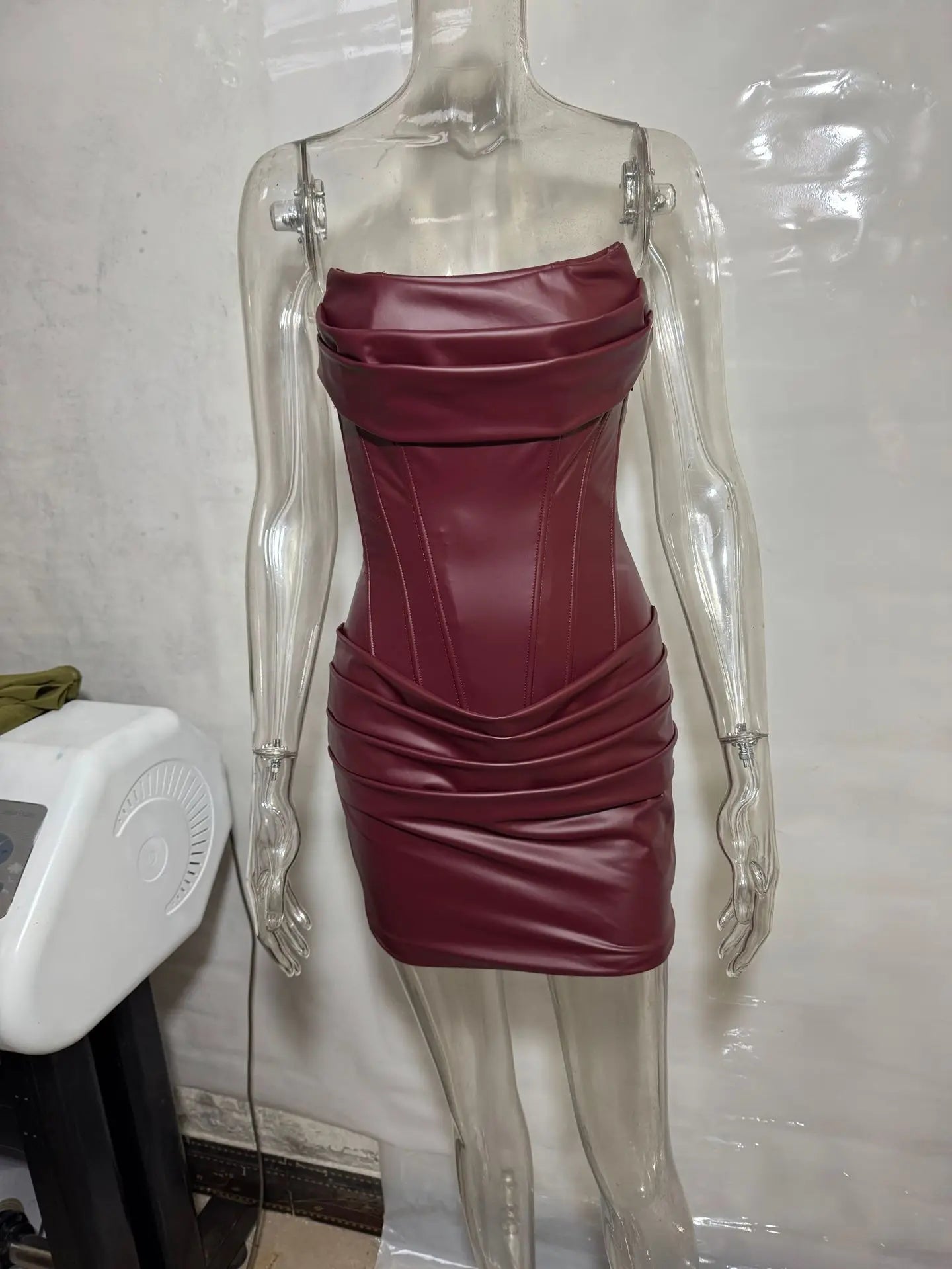 Suninheart Pu Faux Leather Party Dress Women 2025 & 2026 Strapless Bodycon Mini Dress Elegant Lace Up Ruched Dress for Wedding Events