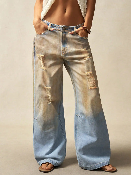 American style high end streetwear style faded holey denim women's pants 2025 new collection