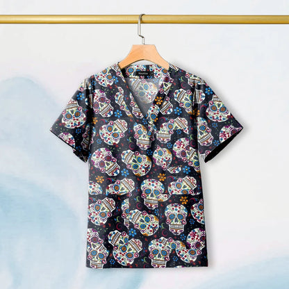 Hot Sales V-Neck Printed Scrub Tops for Women Men Nurse Uniform 100% Cotton Breathable Scrubs Uniforms Medical Blouses Wholesale