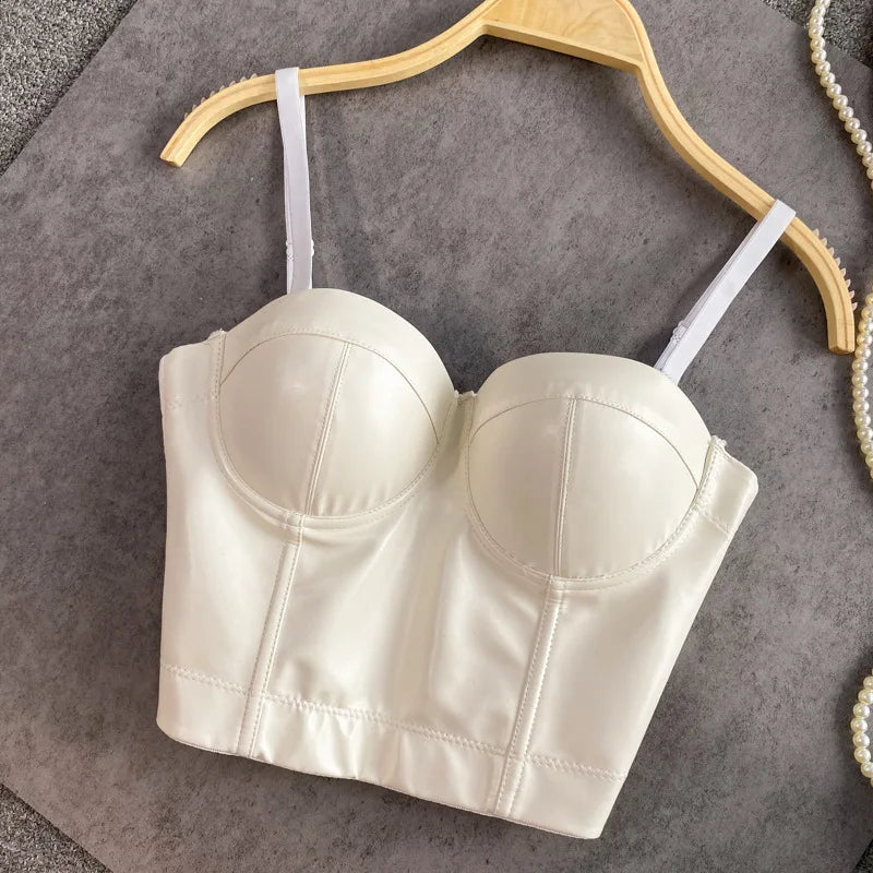 Stylish Wowen PU Leather Corset Imitation Leather Festival Clothing Bustier Lady Cropped Top Girls Punk Rock Club Party Camis