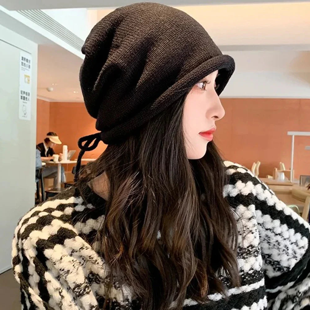 Fashion Drawstring Baggy Slouchy Beanie For Women Autumn Winter Ear Warm Skullies Cap Solid Color Bonnet Girl Kintted Woolen Hat