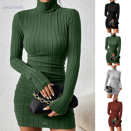Knitted Bottoming Dress Women Elegant Party Autumn Winter Turtleneck Long Sleeves Sexy Sheath Mini Dresses Bodycon Club Dress