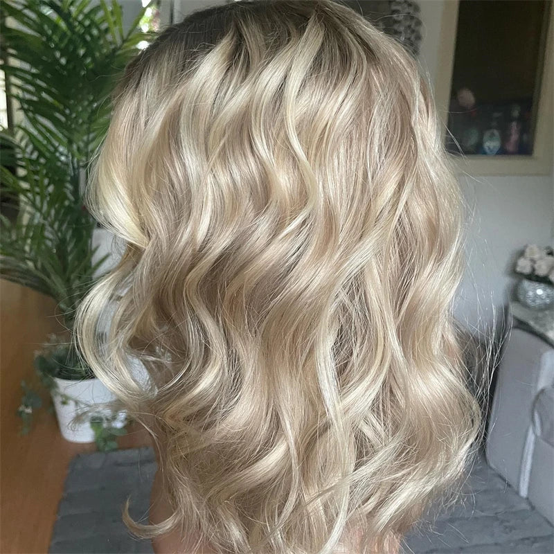 Honey Platinum Blonde Lace Frontal Wigs 13x4 Short Medium Woman"s Wig Glueless Loose Deep Synthetic Hair Mix 5% Human Hair