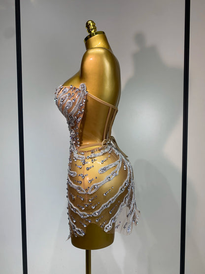 Women Sexy Strapless Rhinestones  Mini Dress Performance Costume See Through Stage Dancer Club Evening Party Birthday Dress