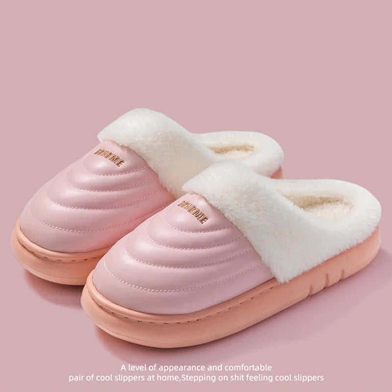 Plus Size 48-49 Waterproof Women's Home Slippers Flat Heel Non Slip Cotton Slippers Woman Faux Fur Warm Living Room Shoes Female
