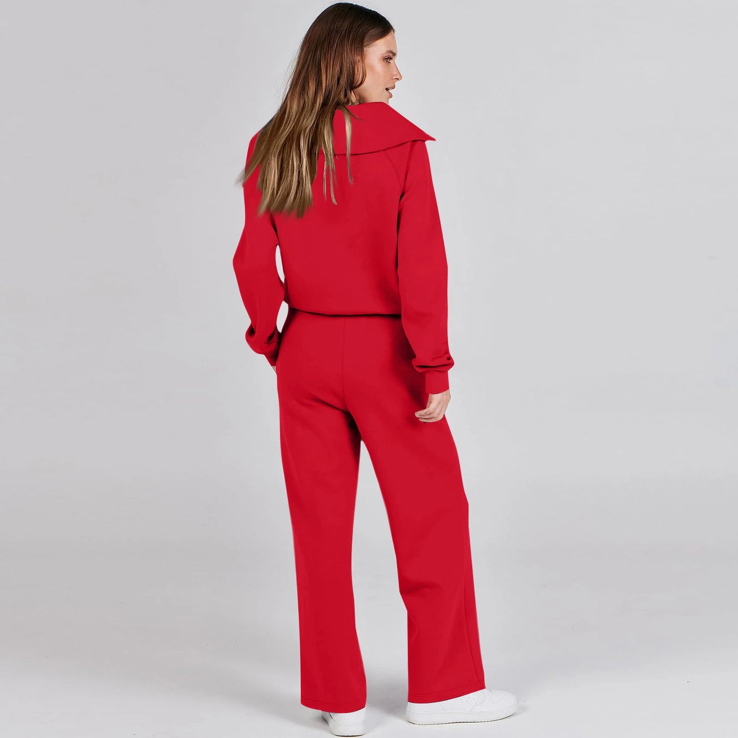 Solid Two-piece set Women Fashion Long Sleeve Zipper Sweater Pullover Tie up Pocket Wide Leg Pant Suit Loose Casual Sport Sets