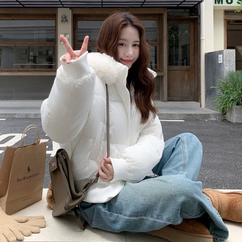 Casual Warm Fur Hooded Cropped Parkas Chic Streetwear Korean Style Down Cotton Coat Thicken Short Women's Winter 2025 Jacket
