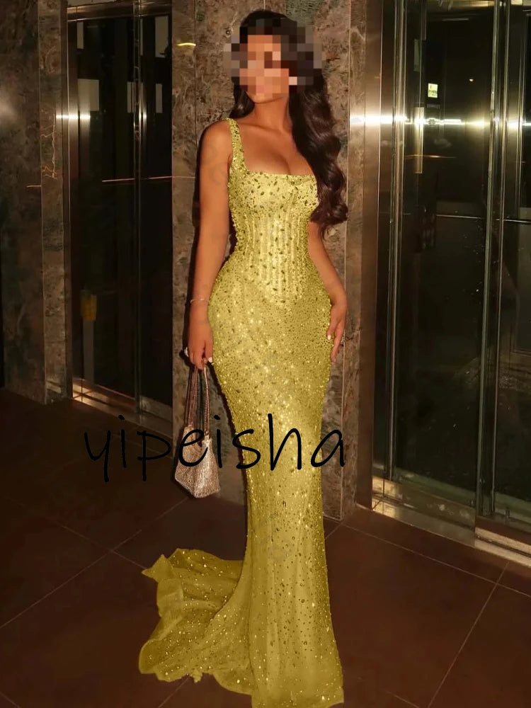 Elegant Mermaid Court Train Evening Dresses Shiny Sequins Square Collar High Quality Sexy Prom Party Gowns for Women Customized
