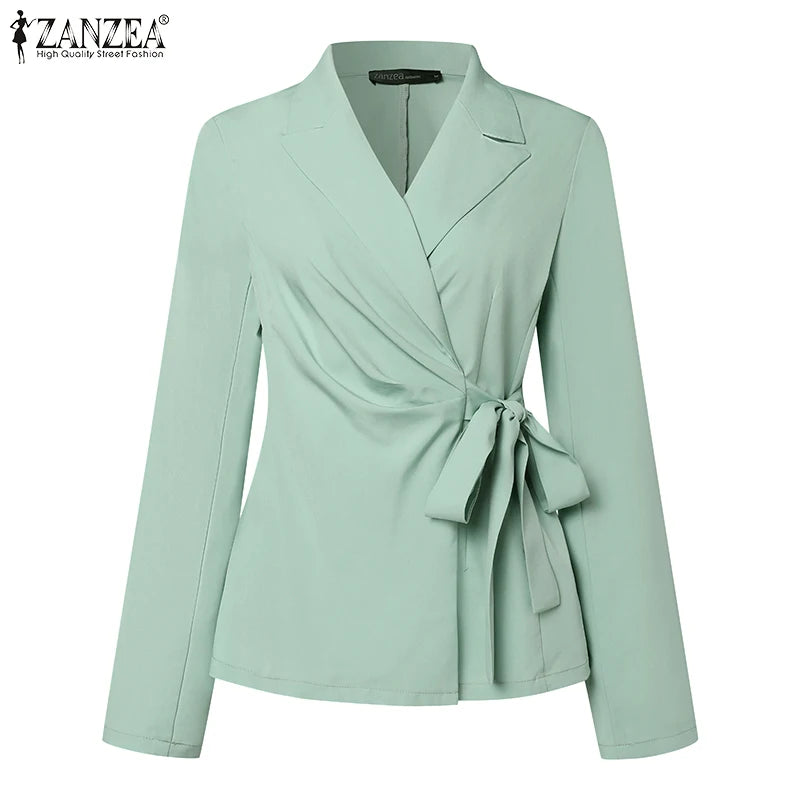 ZANZEA Elegant Office Lady Blazer Suits Women Classy Tied Waist Top and Pant 2pcs Outfit Streetwear Trend Commute Pant Sets 2025
