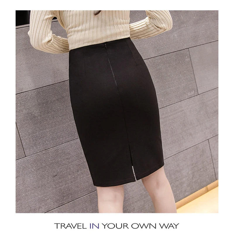 Basic OL Back Split Slim Skirt for Women, Korean Fashion, Bodycon Pencil Office, Elegant Black Knee Length, HighWaist Shirts,