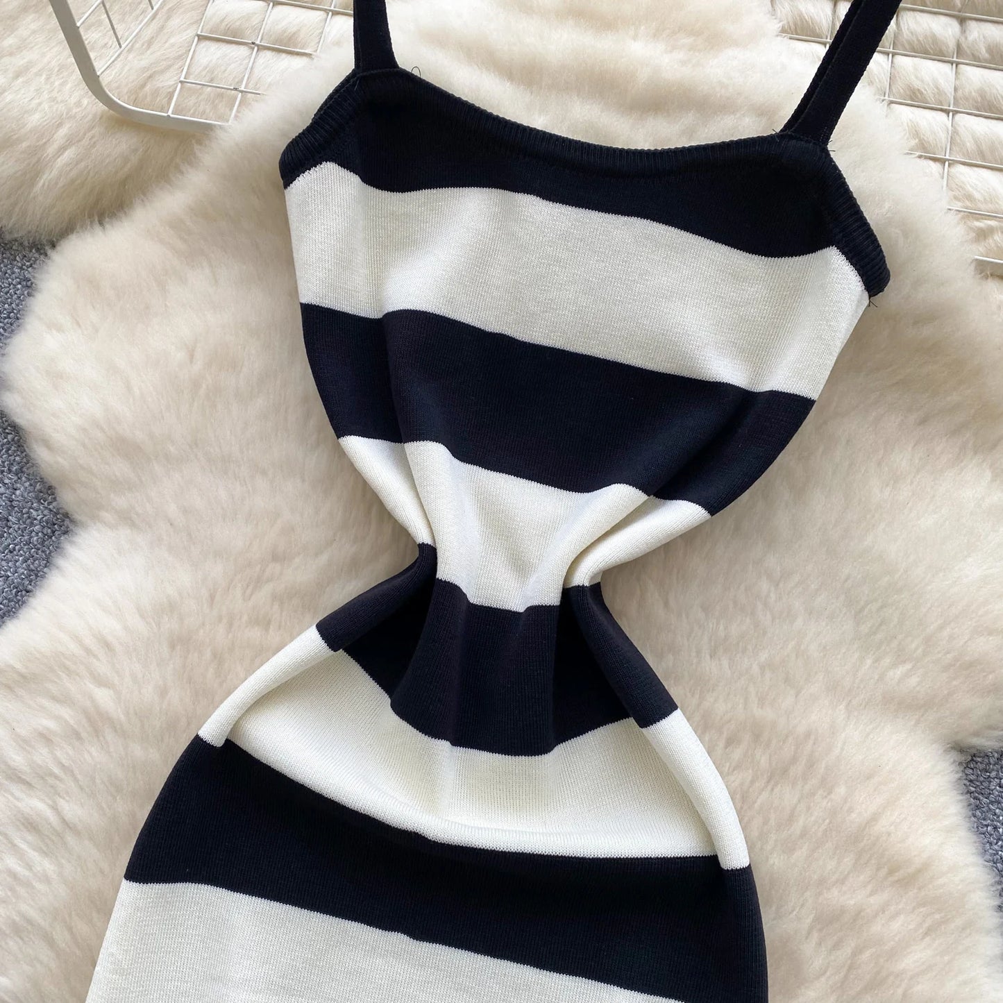 Lady New Stripes Ins Fashion Sexy Package Hips Bodycon Dress  Summer Knitted Spaghetti Straps Outfits Maxi Long Women Dress