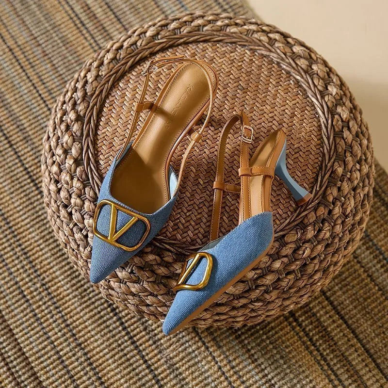 Retro High Heels 2025 New French Light Mouth Pointed Head Thin Heel Women's Denim High Heel Sandals Summer Bag Head