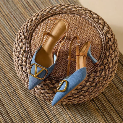 Retro High Heels 2025 New French Light Mouth Pointed Head Thin Heel Women's Denim High Heel Sandals Summer Bag Head