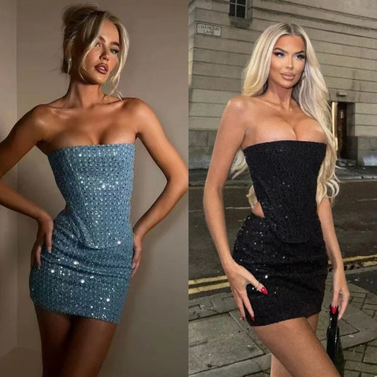 Women Blue Sequined Denim 2 Piece Sets Sexy Strapless Top Stylish Woman Mini Skirt Sets Tweed Set Summer Nightclub Outfits