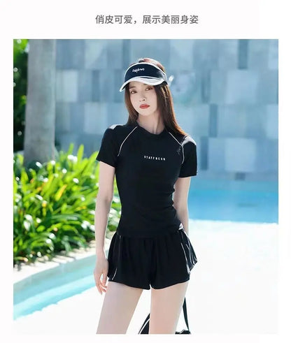 Sports Swimsuit, Swimsuit, Women's New Plus Size Two-piece Set, Short Sleeved, Student Hot Spring Conservative Swimsuit