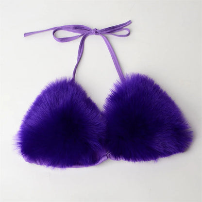 Summer Women Fake Fox Fur Sexy Halter Solid Color Bikini Set Swimsuits Triangle Sexy Bikini Set Faux Fur Swimsuit Plush Swimwear