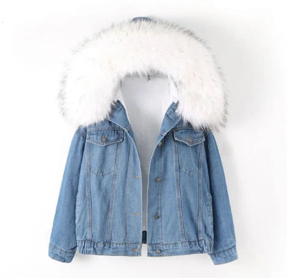 Korean Style Fleece Lined Thickened Hooded Lamb Fur Denim Jacket Women's Large Collar Versatile Cotton Coat Autumn Winter New Ar