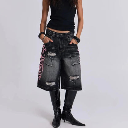 Deeptown Y2k Vintage Harajuku Denim Shorts Women Washed Letter Embroidery Tassels American Retro Jeans Man Baggy Hip Hop Jorts