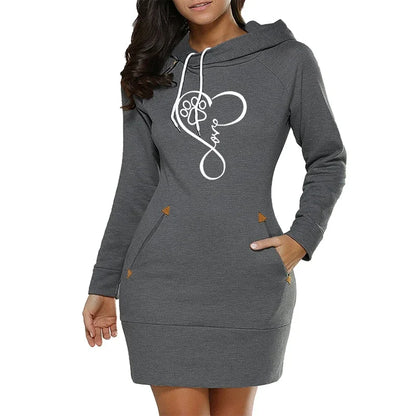 Womens Dress Neck Side Zipper Long Sleeve Hooded Sports Skirt Casual Printing Knee-Length Dress European Style Streetwear S-3XL