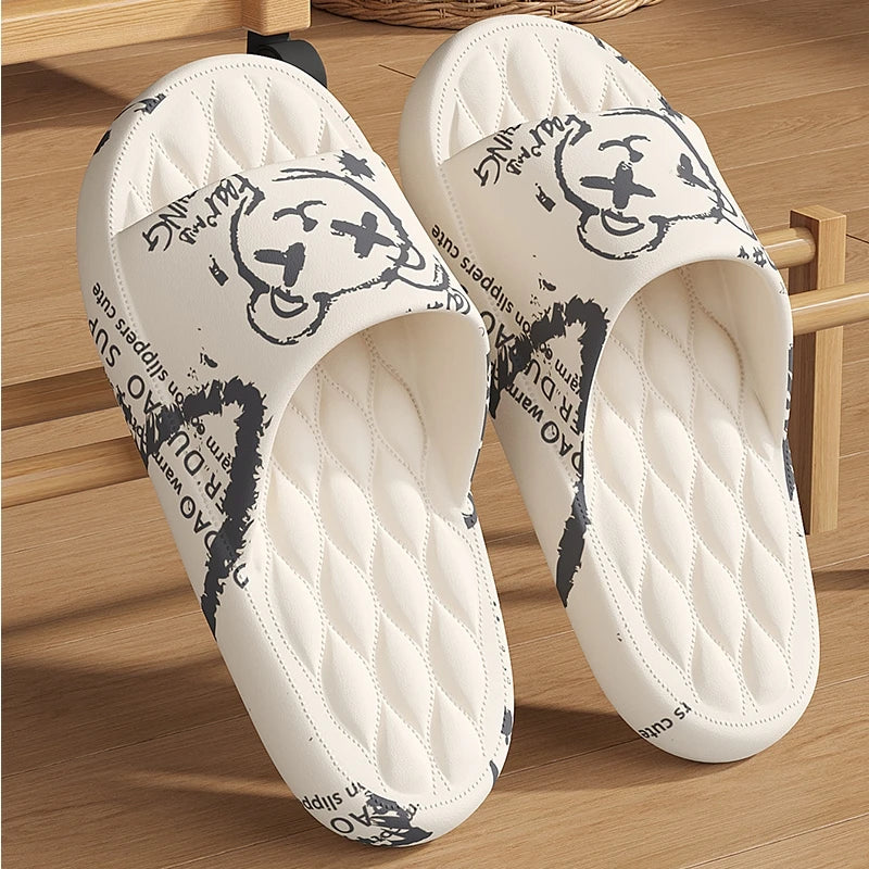 Plus Size 48 Graffiti Bear Printing Men Slippers Sole EVA Indoor Open Toe Flip Flops Beach Slides Flat Sandals Slide