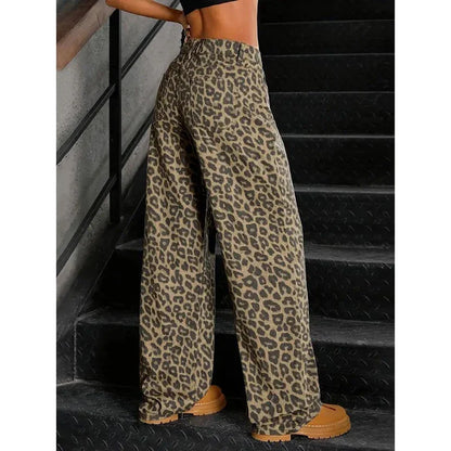 Female Retro Designer Straight Leg Jeans Pants Lady Fashion High Waist Denim Pants Women Leopard Print Baggy Trousers