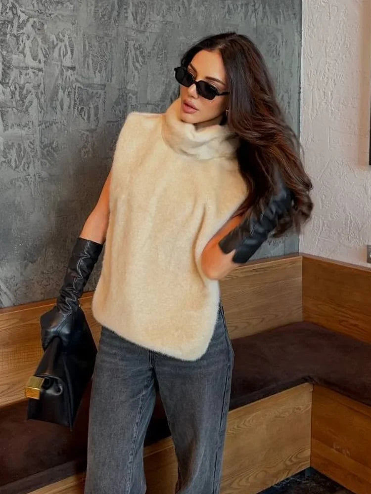 Solid Faux Fur Vest Crop Top Women Fashion Turtleneck Fluffy Short Tank Tops 2025 Winter Female Elegant Sleeveless Jacket Coat