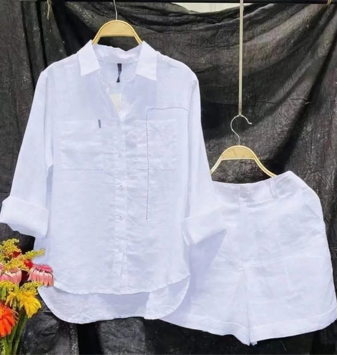 Summer Cotton Linen Casual Home 2 Piece Set For Women 2026 Fashion White Long Sleeve Shirt And Shorts Two Piece Sets Tracksuit