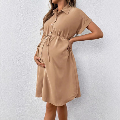 Maternity Clothes Dresses Photoshoot Pregnant Women Casual Dress Solid Color Summer Button-down Fashion Short Sleeve Clothing