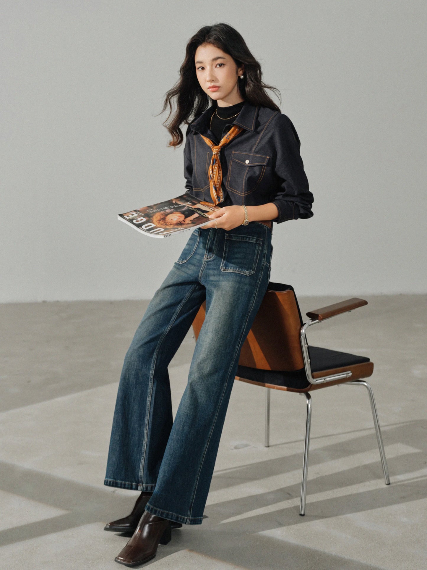 Casual Contrast Stitch Shirt Jacket Loose Long Sleeve Blouse for Women Stylish Collared Overshirt for Autumn Layered Slim Look