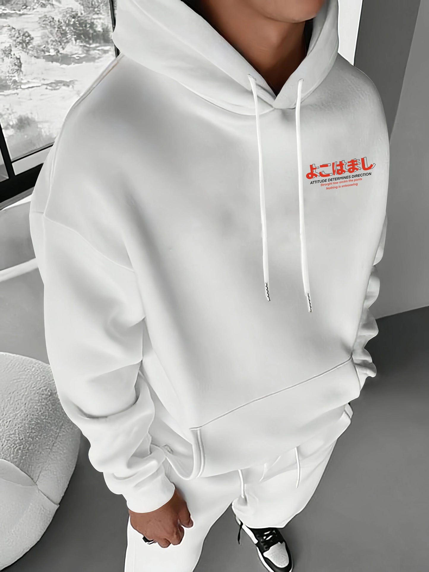 Men's autumn and winter casual fashion loose Tokyo pattern printed long sleeved hooded sweatshirt warm pullover