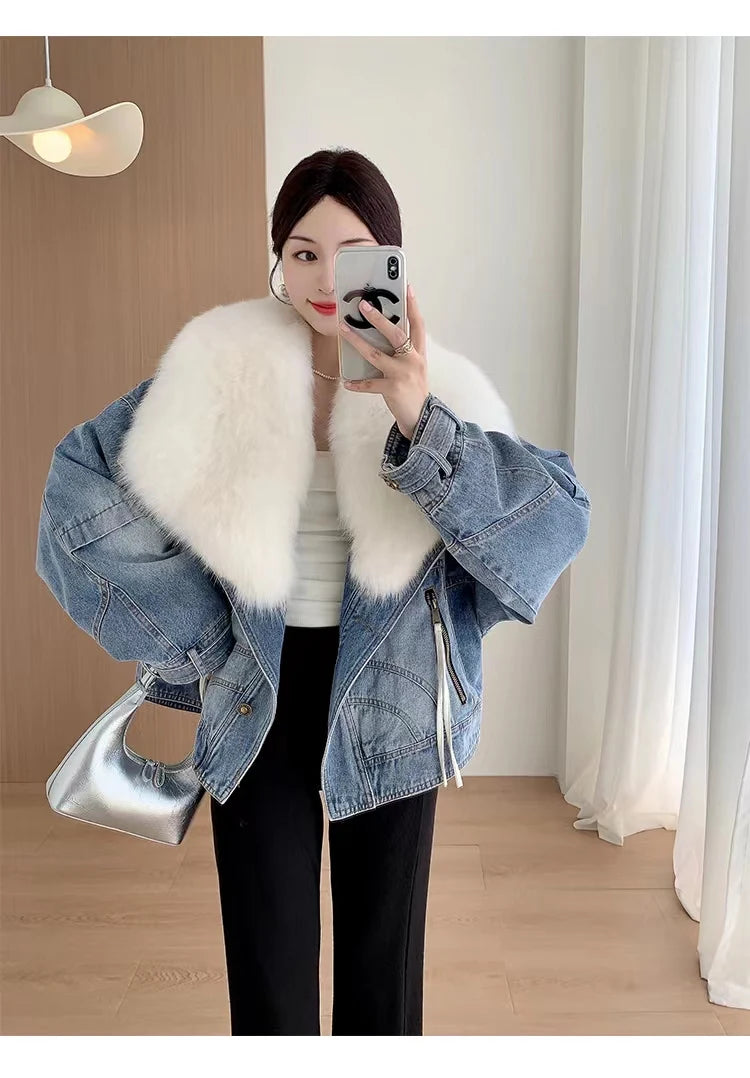 Womens Coats Spring New 100%Natural Real Fox Fur Collar Fashion Short Denim Jacket Luxury Goose Down Puffer Jackets Clothing