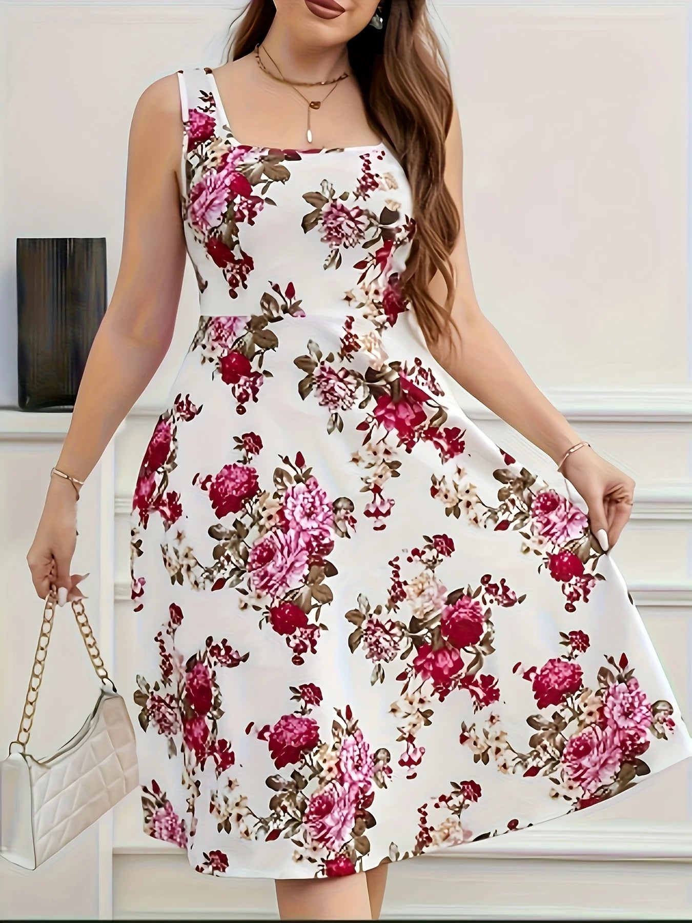 2025 New Plus Size Floral Print Square Neck Sleeveless Dress - Flared Skirt, Stretchy Fabric, Machine Washable, Spring/Summer Ca