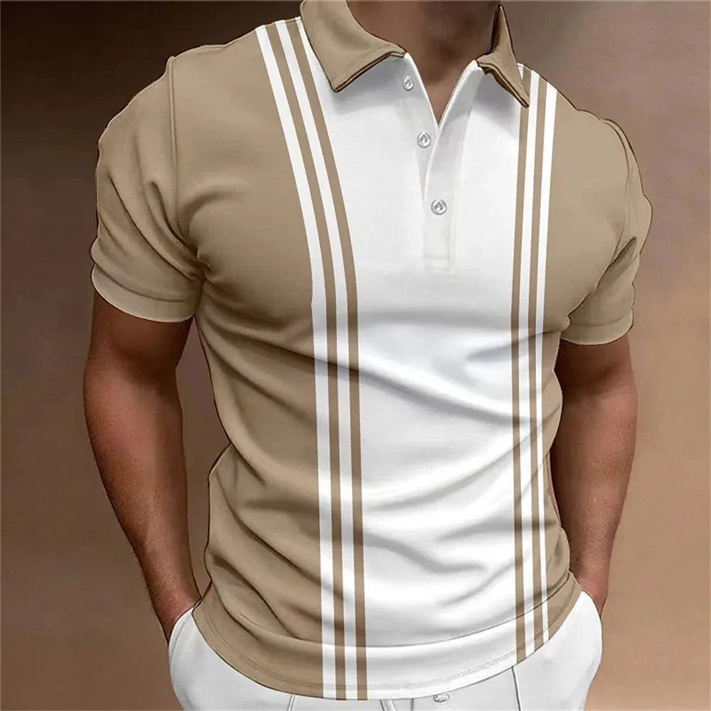 Men's Button Polo Shirt Collar Short-sleeved Pullover Sports Summer Casual Button Striped Collar Trend T-shirt Tops