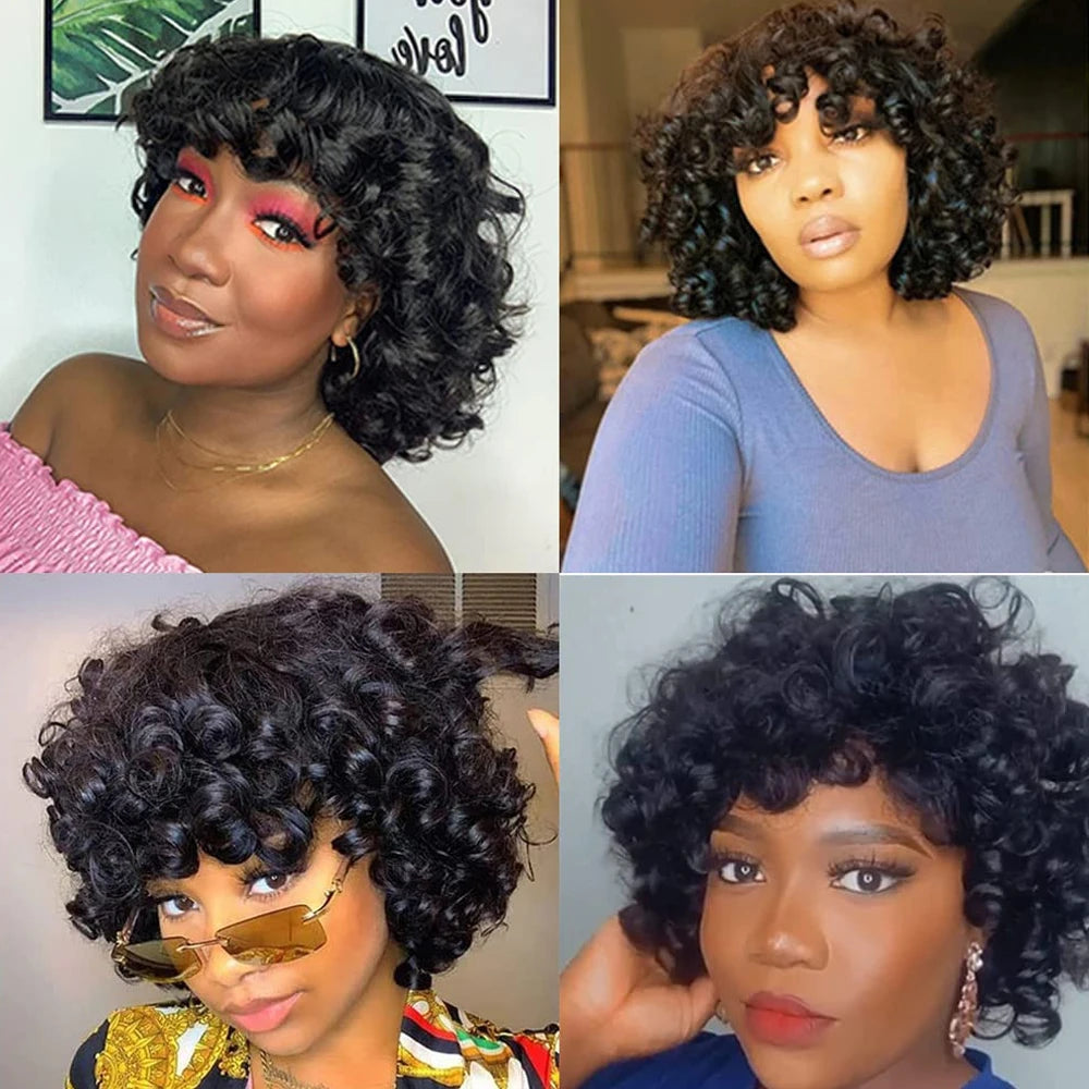 Short Curly Bob Wig Human Hair With Bangs Ready to Go Glueless Bouncy Curly Human Hair Wigs Machine Made Afro Wigs for Women