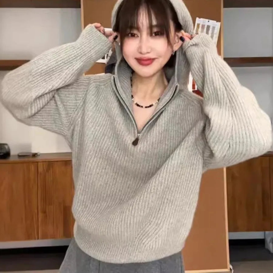 Gray Zipper Knitted Sweater Women's Style Lazy Fashion Anti-Aging Design Top Winter High-End Feeling Self-Confident Elegant