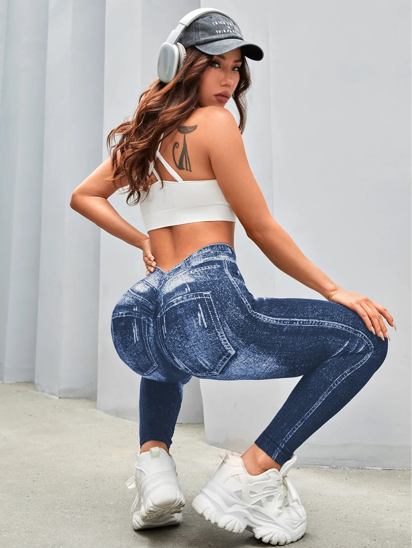 Women V Back Gym Leggings Faux Denim Jeans  Athletic Workout Leggins Elastic Seamless Training Yoga Pants Sports Fitness Tights