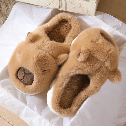 Capybara Flat Thermal Slippers Anti Slip Warm Slip-On House Shoes Half-Covered Soft Plush Slippers for Winter Autumn