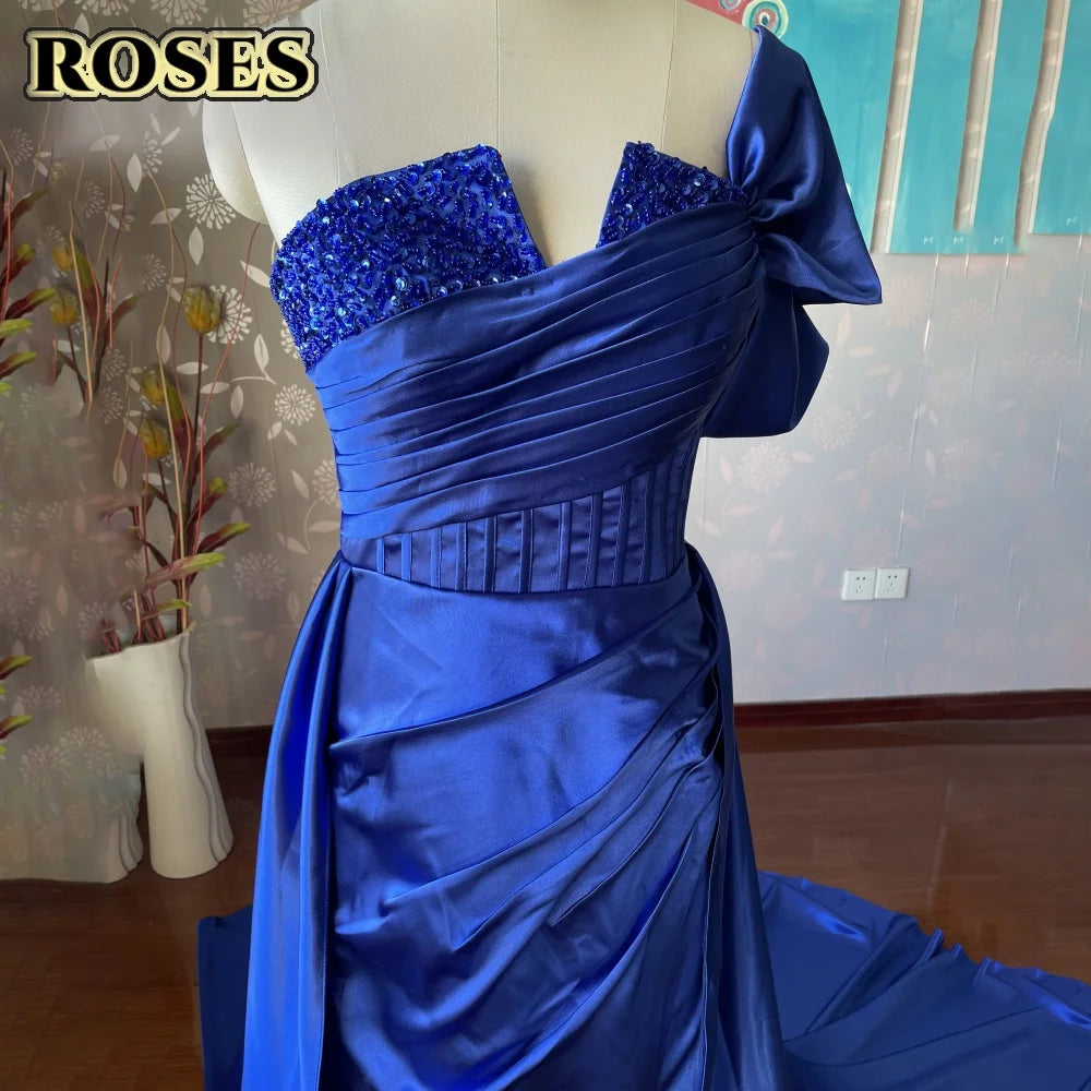 ROSES Red Side High Split Mermaid Evening Dresses One Shoulder Prom Dresses Sweetheart Stain Formal Occasion Dress Customized