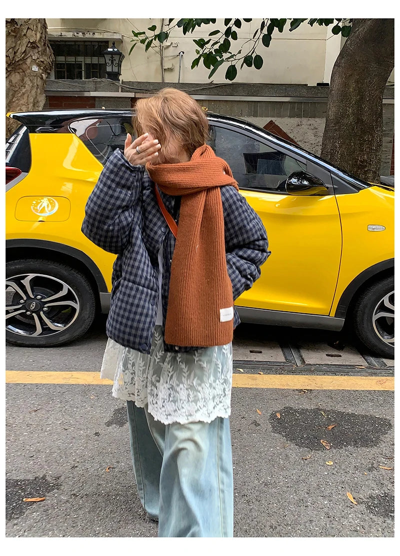 MEXZT Short Plaid Parkas Women Streetwear Stand Collar Puffer Jacket Winter Korean Down Coats Fashion Cotton Padded Outerwears