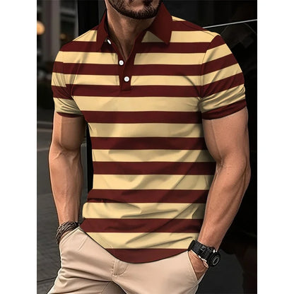 3D Print Colorful Color Block Polo Shirt For Men Stripes Pattern T-Shirts Summer Loose Street Lapel Top Button Short Sleeve Tees